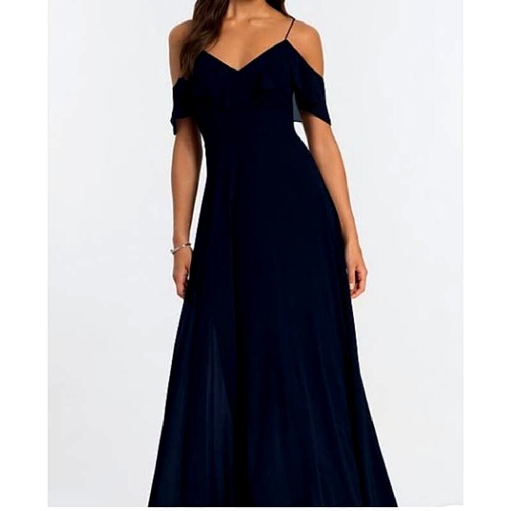 Jenny Yoo Mila Ruffle Cold Shoulder Long Maxi Chiffon Gown Prom Bridesmaid